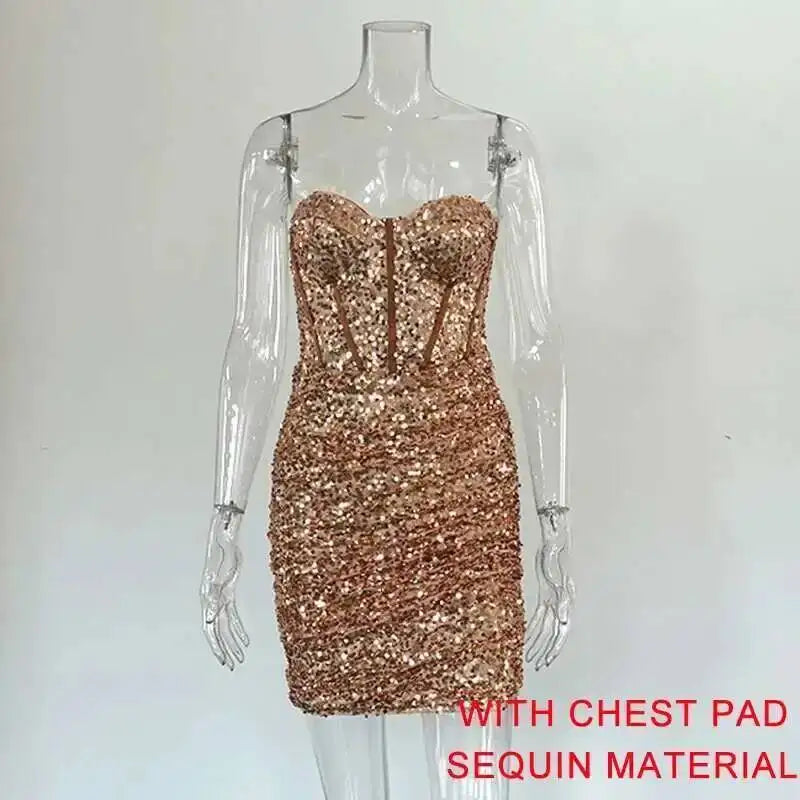 Giyu Night Club Party Woman Dress Sexy Bodycon Glitter Strapless Mini Short Prom Robe 2025 Summer Elegant Ruched Black Vestidos