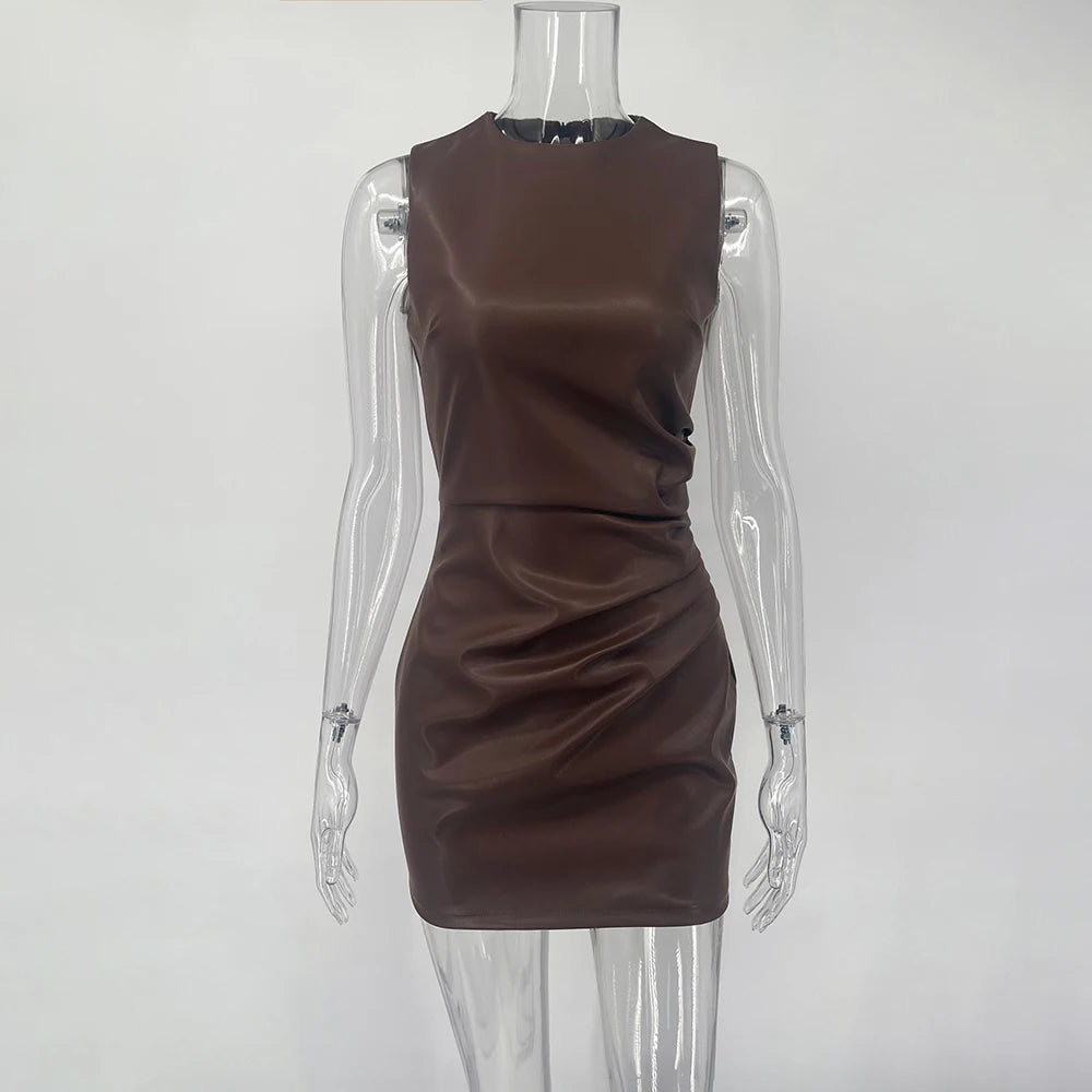 Talenza Skinny Leather Dress Women's Fashion Round Neck