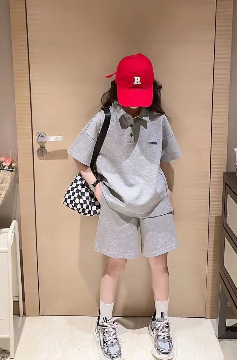 Girls Polo Collar Top & Sports Shorts Set
