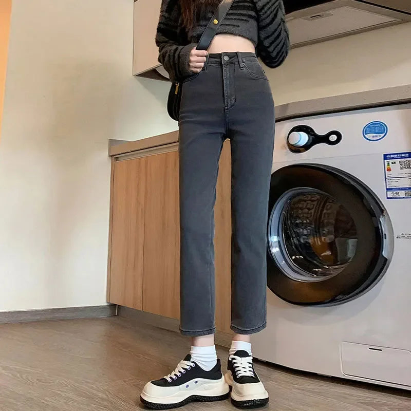 Charcoal Grey High-Waist Straight-Leg Jeans