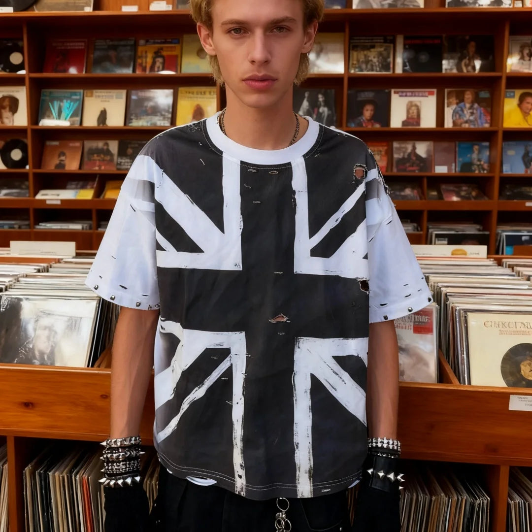 American Retro Printed Gothic Streetwear Statement Top - Unisex Edgy Personalized Casual Loose T-Shirt