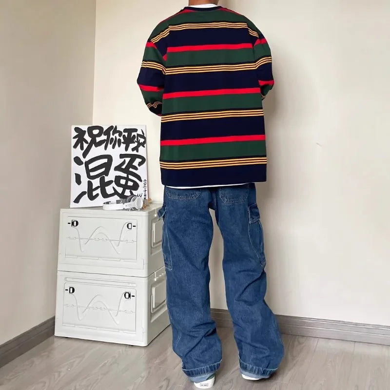 Spring And Autumn Vintage Wide Leg Big Pocket Overalls Men Y2K Neutral Loose Straight Leg Casual High Street Hip Hop Jeans