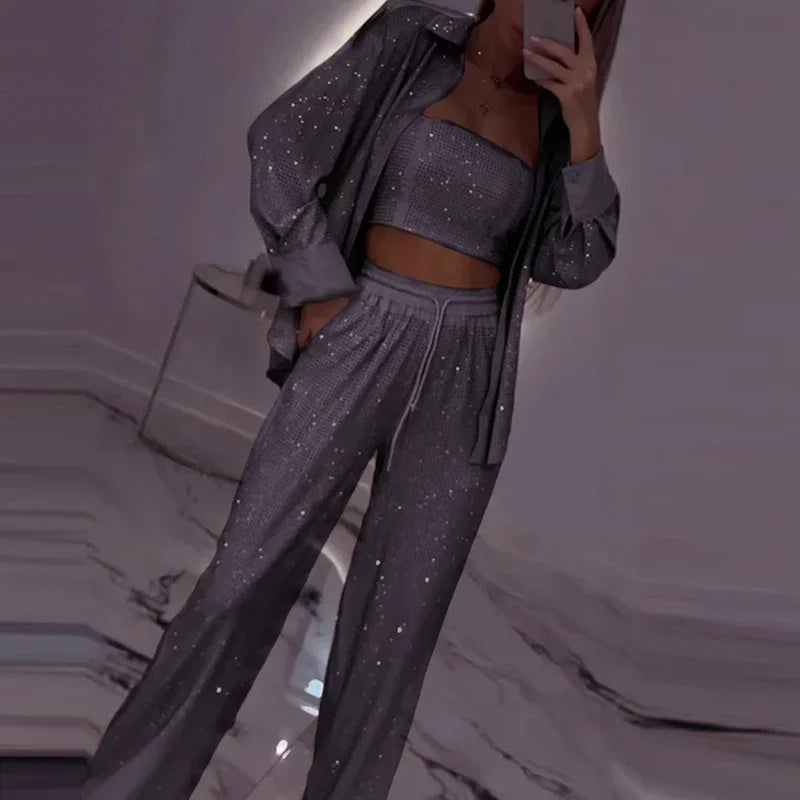 Sexy Sequins Shiny Three Piece Set Womens Strapless
