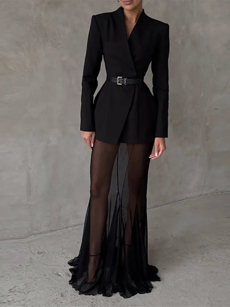 Yitimuceng Elegant Solid Mesh Maxi Skirt 2 Piece Set Women Streetwear V Neck Long Sleeve Coat 2025 New Autumn Winter Skirt Sets