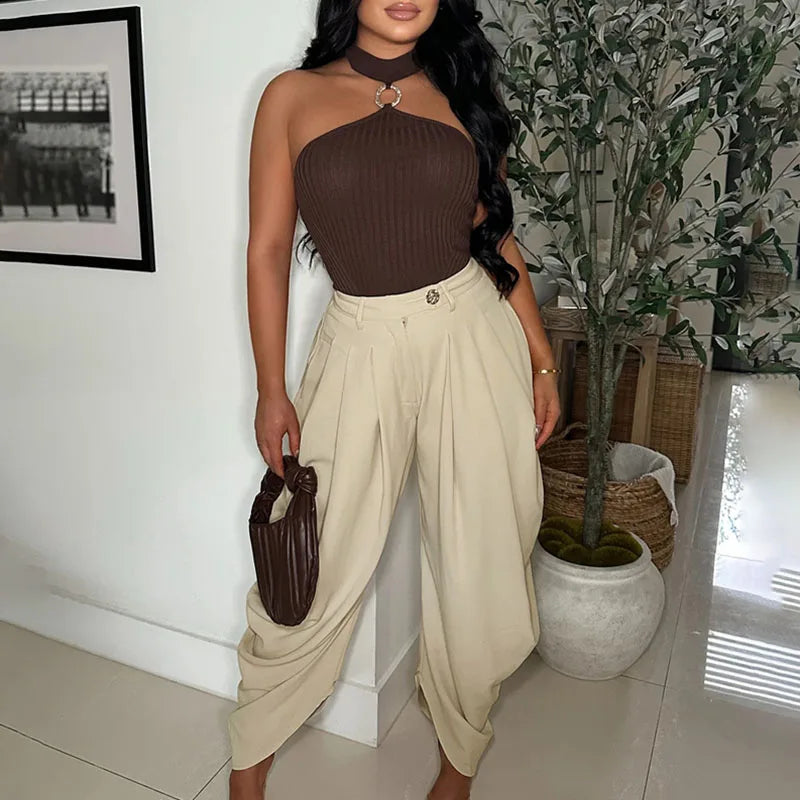 Doyerl Solid Elegant Pants for Woman Clothing Vintage High Waist Button Fly Pleated Ankle-length Ladies Trousers Pantalon Femme