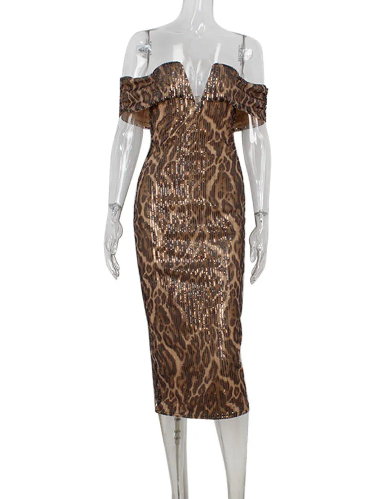 Ahagaga Sexy Leopard Women's Party Dresses Sequins Slash Neck Sheath Bodycon Long Maxi Short Sleeves Elegant Slim Vestidos Robes