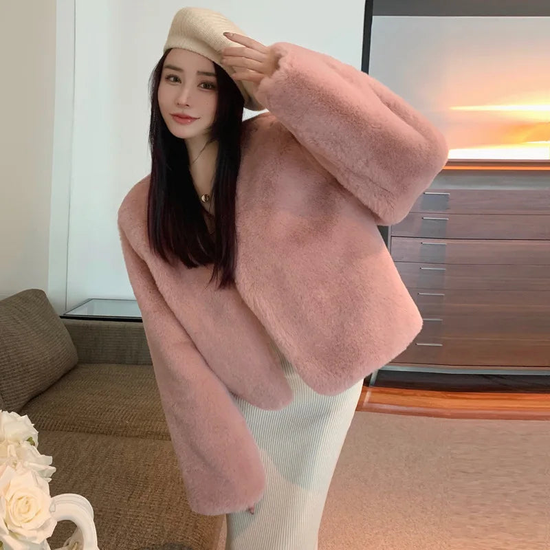 Korean Style Short Thickened Eco-Friendly Faux Fur Coat