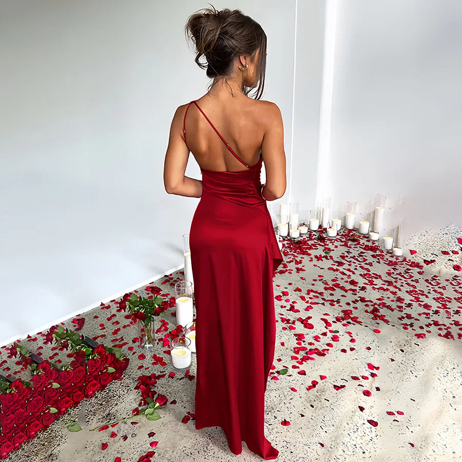 Sexy One Shoulder Satin Long Dress For Women Summer Sleeveless High Split Backless Party Evening Dresses Elegant Cocktail Dress