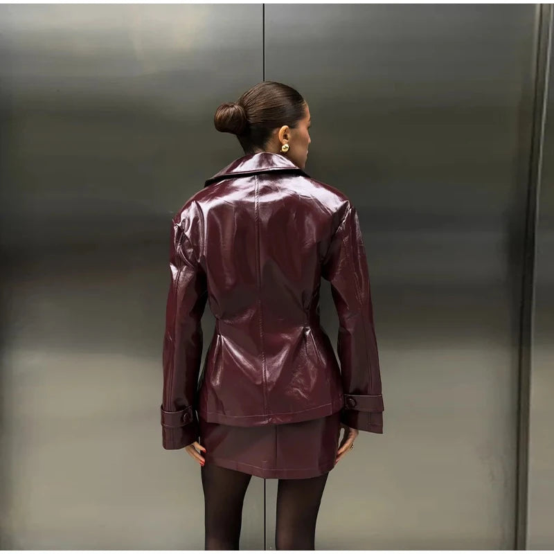 Fashion PU Leather Skirt Sets Women Lapel Long Sleeve
