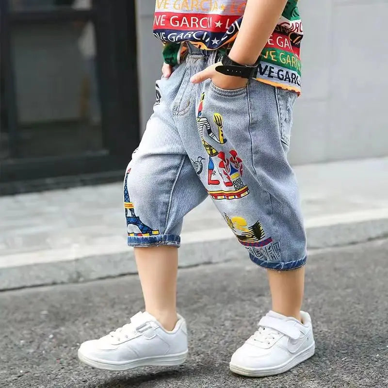 Boys Loose Cartoon Printed Jean Shorts