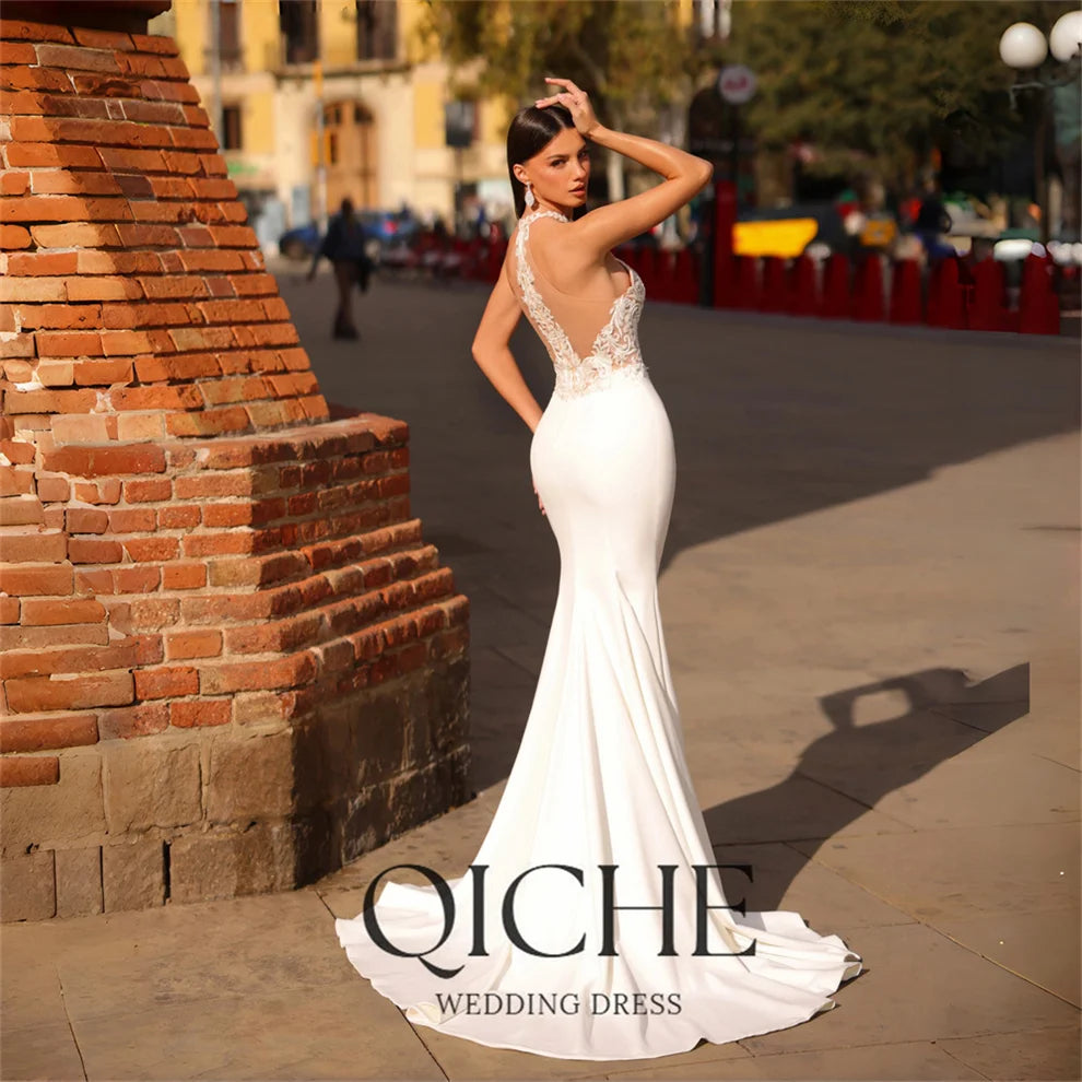 QICHE Sexy Lace Appliqued Mermaid Wedding Dress