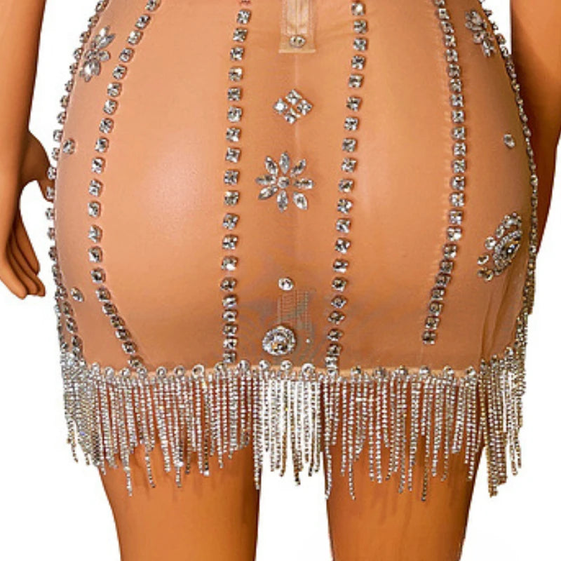 Club Party Luxury Ladies Dress Party Dresses Sexy Glamour Suspender Rhinestone Tassel Translucent Diamond Dress