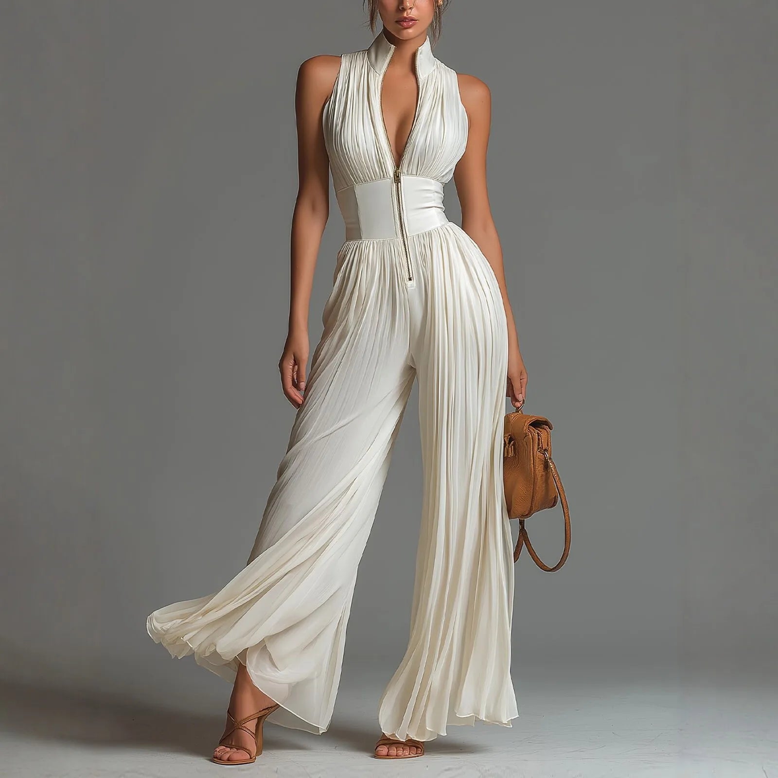 Spring Summer Women White Ruched Halter Jumpsuit