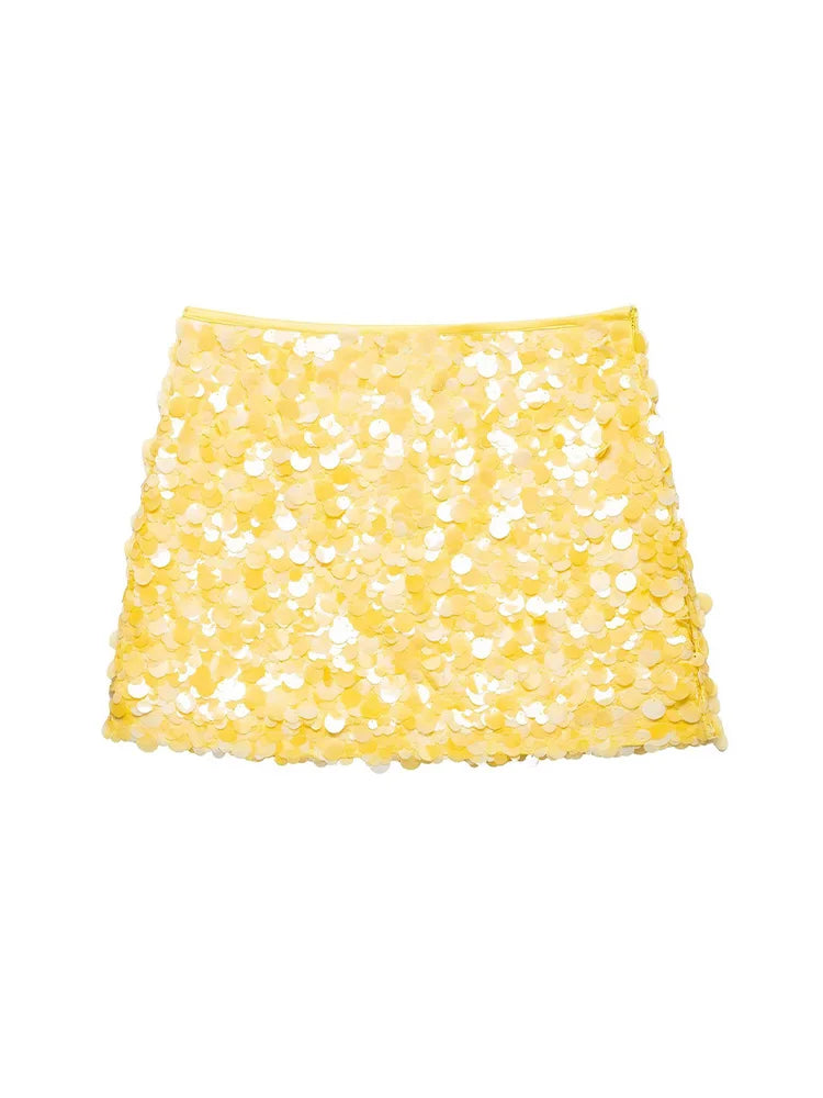HH Women New Fashion Versatile High Waist Slim Yellow Sequin
