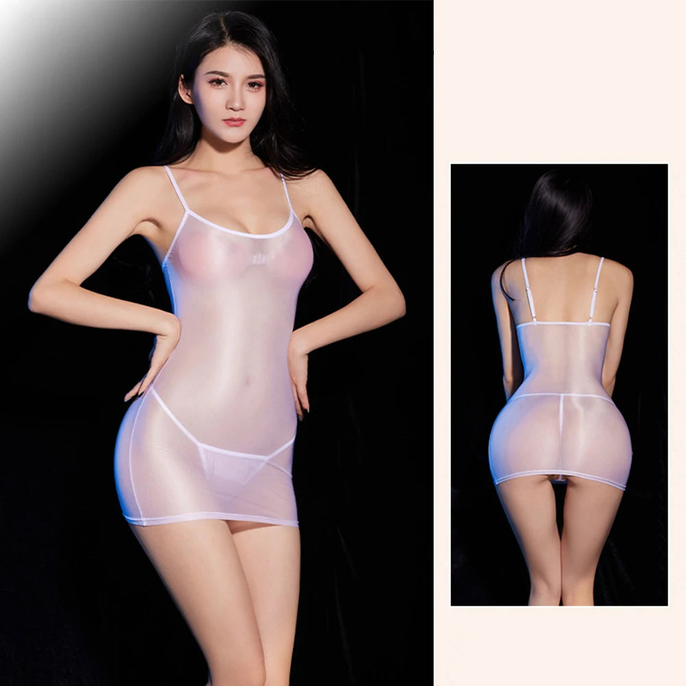 Sexy Women Exotic Dresses Oily Glossy Backless Sheer Temptation High Strech Lingerie Nightwear Transparent Wet Look Dresses