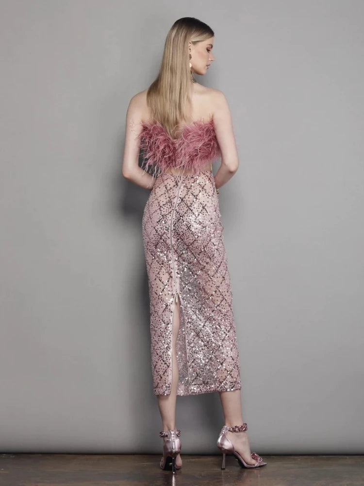 Sexy Luxury Sequins Feather Strapless Top+ Skirt Two Piece Set