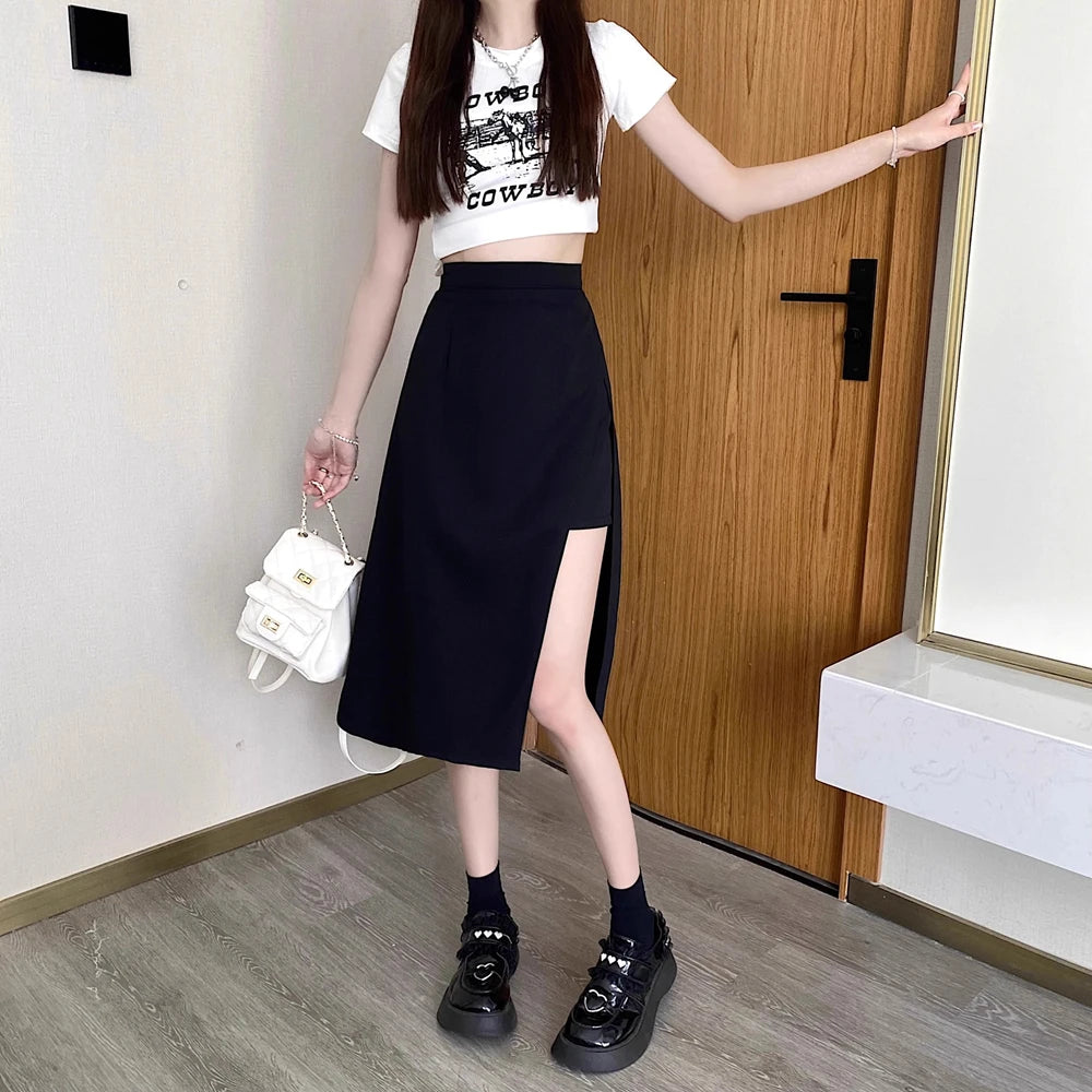 High-Waist Irregular Slit Black Skirt for Women