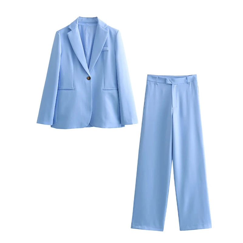 HH Woman Suit Blue Turn-Down Collar Long Sleeves Pockets Single Button+Mid Waist Pockets Zipper Wide Leg Pants Female Sets