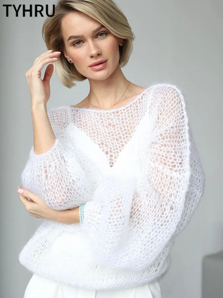 Women’s Hollow Out Mesh Lantern Sleeve Sweater
