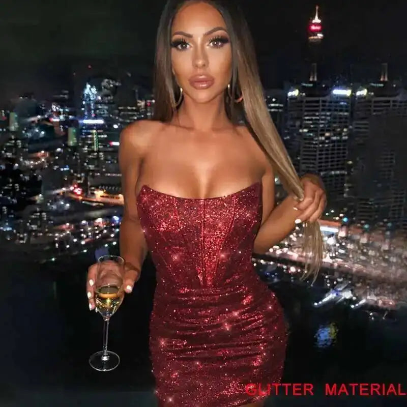 Giyu Night Club Party Woman Dress Sexy Bodycon Glitter Strapless Mini Short Prom Robe 2025 Summer Elegant Ruched Black Vestidos