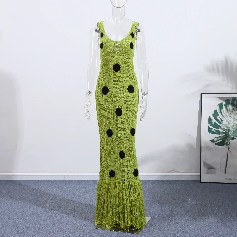 Women Sexy See Through Knitted Maxi Dress Hollow Out Deep Neck Pot Robes Tassel Hem Fork Party Vestidos 2025 New Lady Club Gown