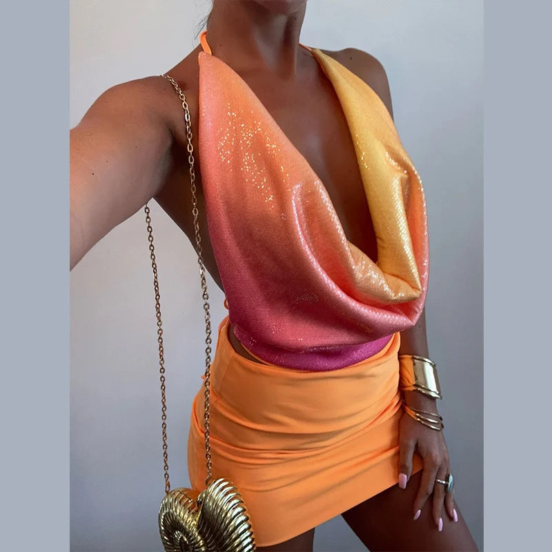 Sequins Tank Top Mini Skirt Sets Women Halter Backless Deep V-neck Lace Up Vest