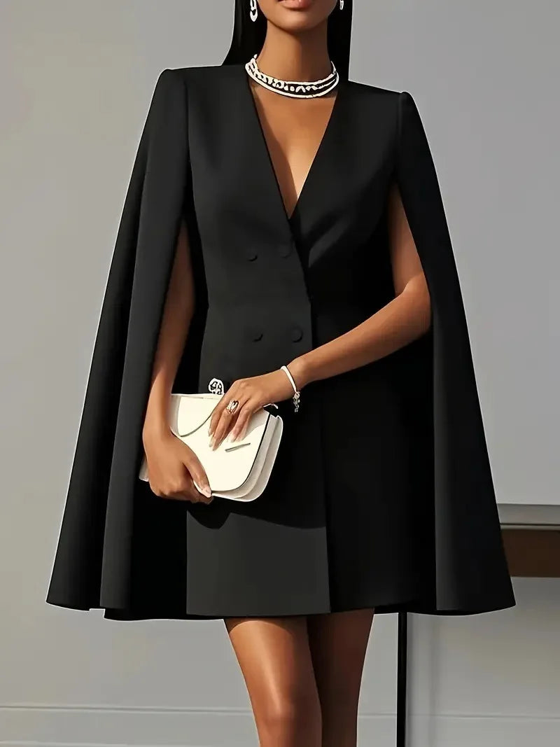 Women's suit dress for autumn office wear, double-breasted cape-like cloak, solid color V-neck suit jacket