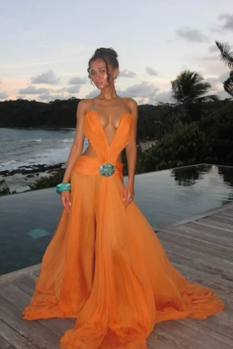 Formal Party Vestido New Luxury Orange Chiffon Evening Gown