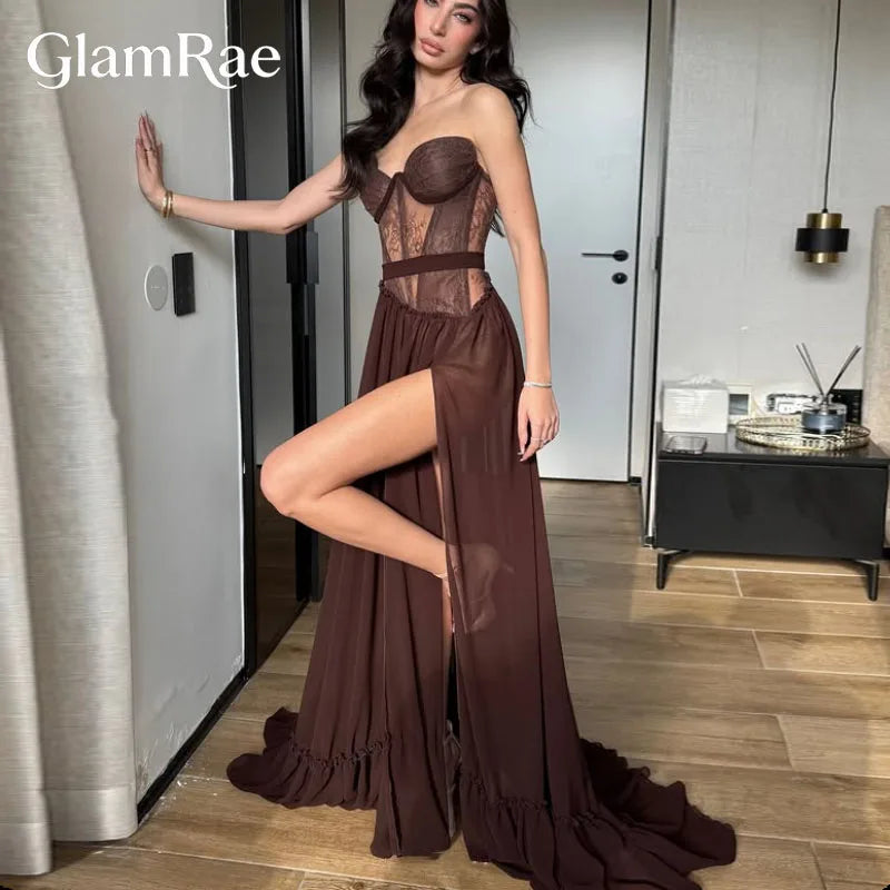 GlamRae  Customized Elegant Brown Lace Women's Formal Evening Gowns
