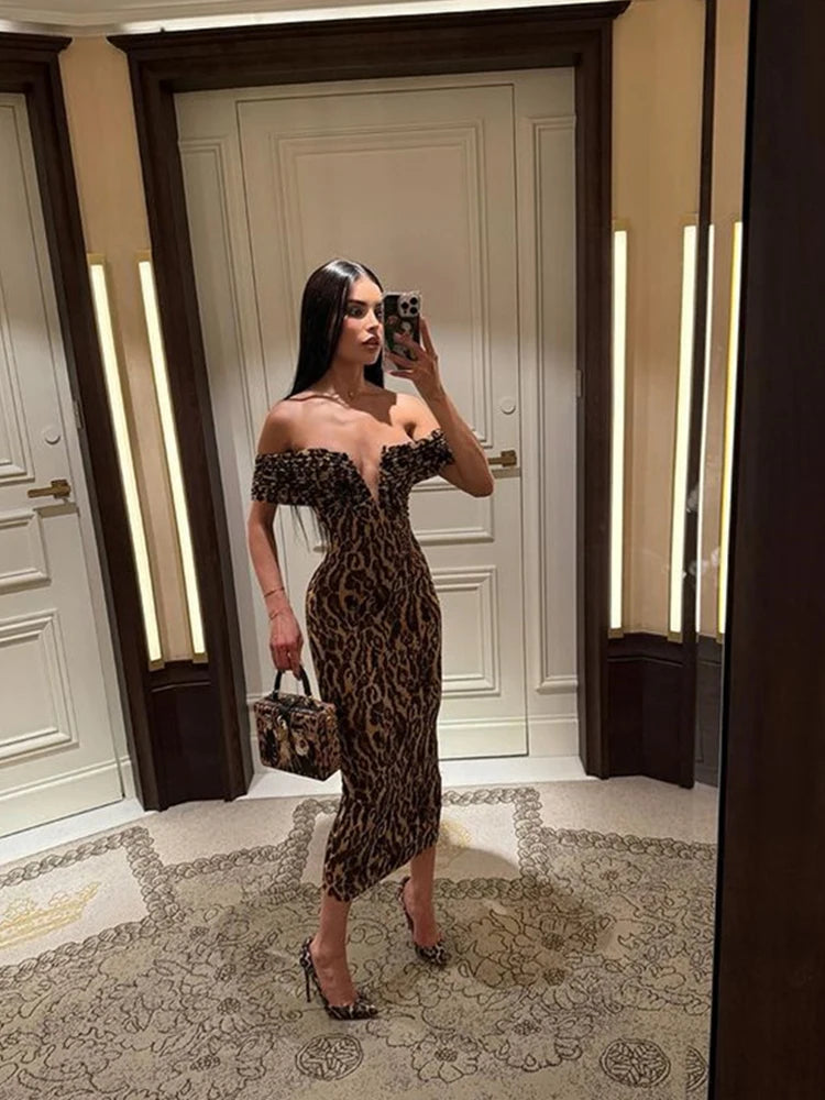 Ahagaga Sexy Leopard Women's Party Dresses Sequins Slash Neck Sheath Bodycon Long Maxi Short Sleeves Elegant Slim Vestidos Robes