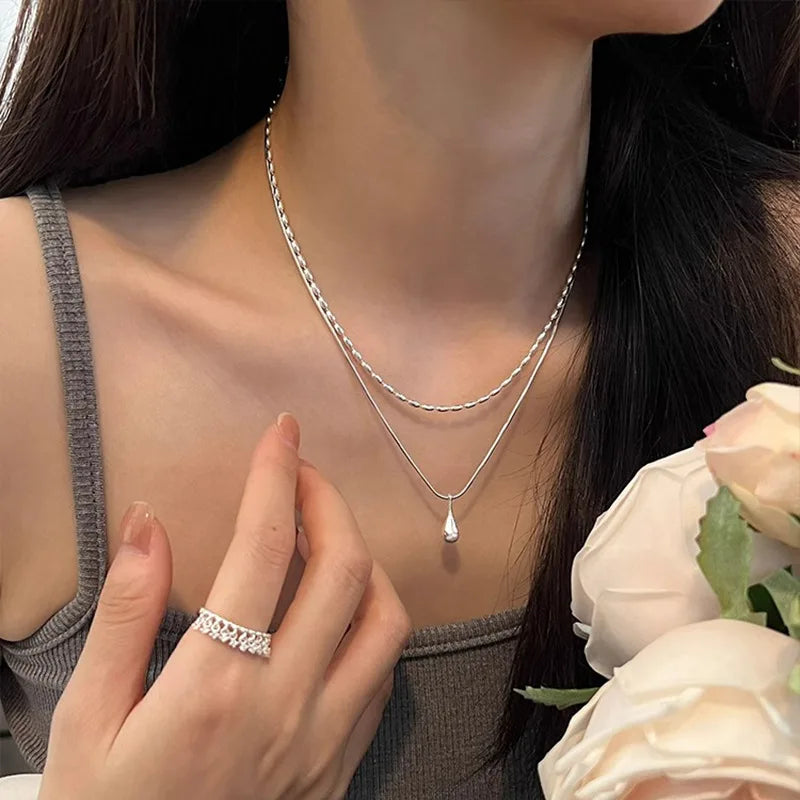 925 Sterling Silver Double Layer Geometric Pendant Necklace