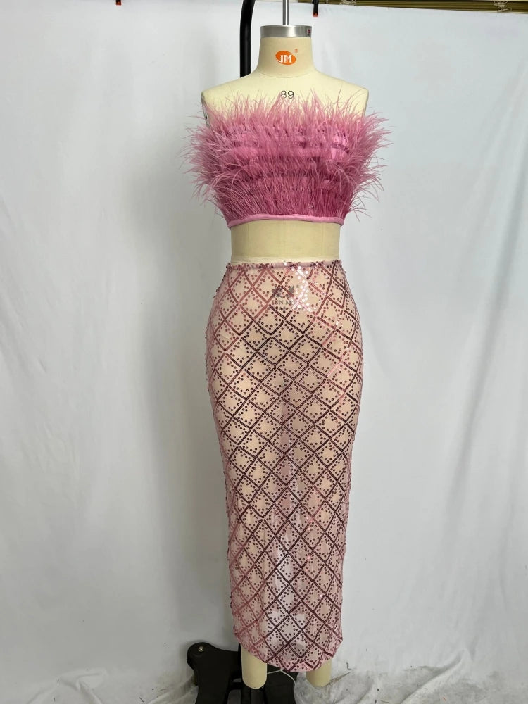 Sexy Luxury Sequins Feather Strapless Top+ Skirt Two Piece Set