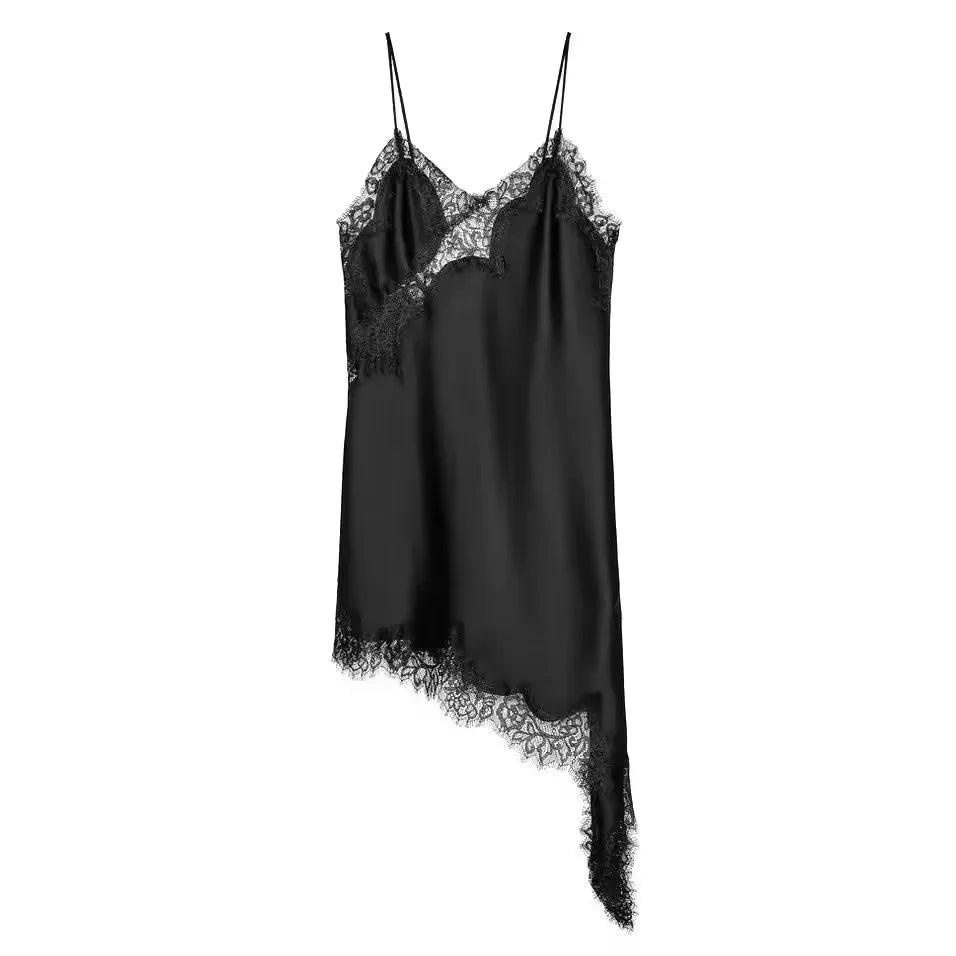 Women Lace Satin Dress Asymmetrical Lace Hem Spaghetti Strap