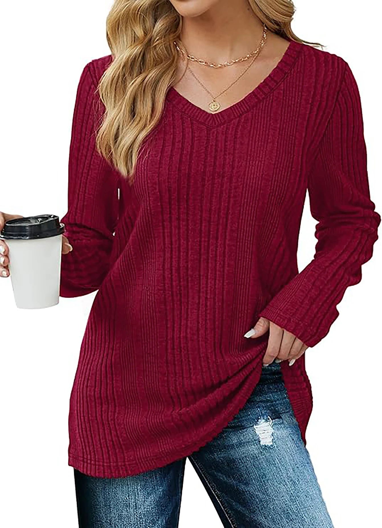Women's V-Neck Knitted Sweater for Autumn/Winter
