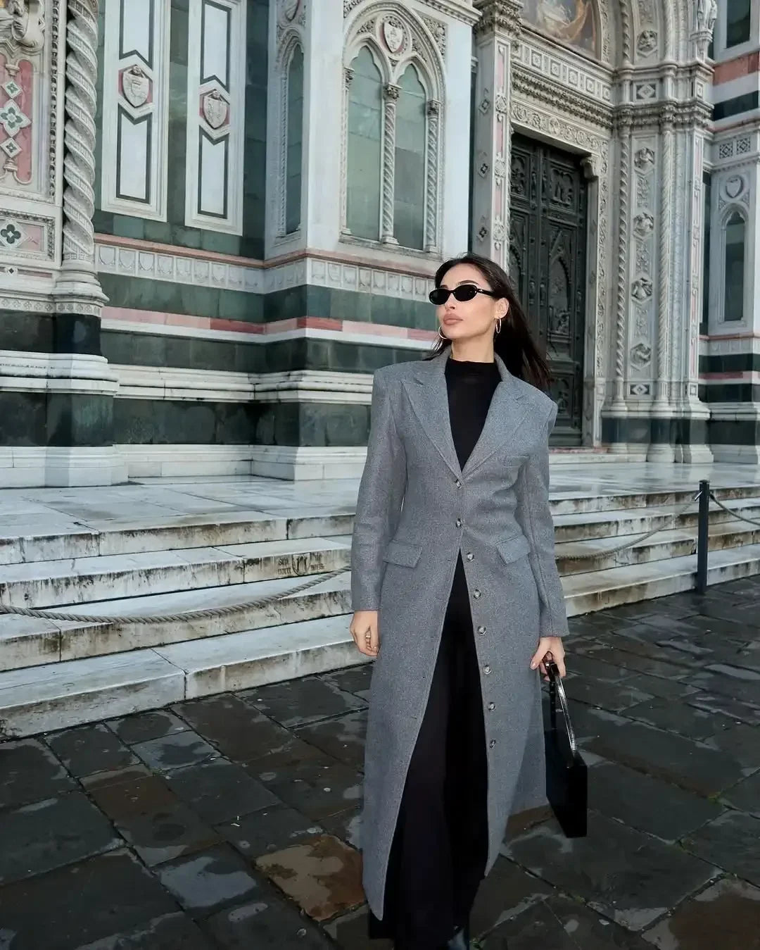 Solid Waist Cinching Woolen Blend Overcoat Women Fashion