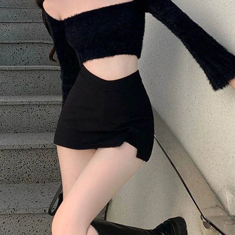 Black High-Waist Split Mini Skirt for Women