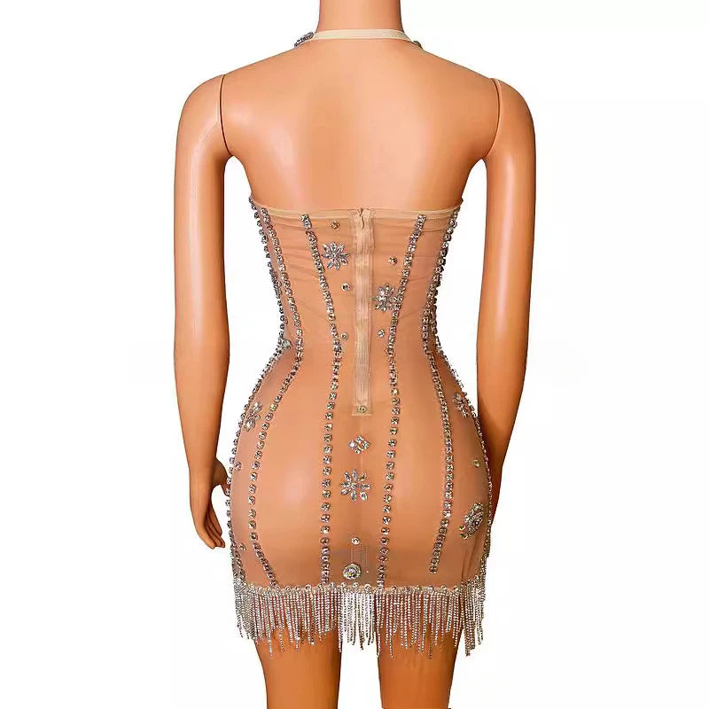 Club Party Luxury Ladies Dress Party Dresses Sexy Glamour Suspender Rhinestone Tassel Translucent Diamond Dress