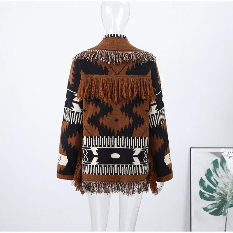 Geometric Jacquard Fringe Belted Waist