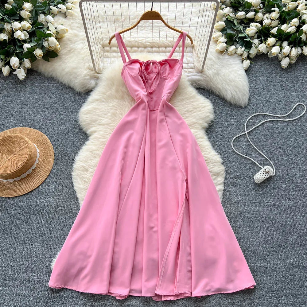 Vintage sexy split Ruched Dress Chic Summer Beach