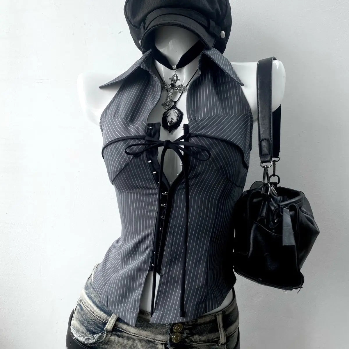 Vintage T-shirt Streetwear 90s Slim Sexy Goth Y2k Clothes Aesthetic Harajuku High Street Stripe Laceup Summer Fashion Grunge Tee