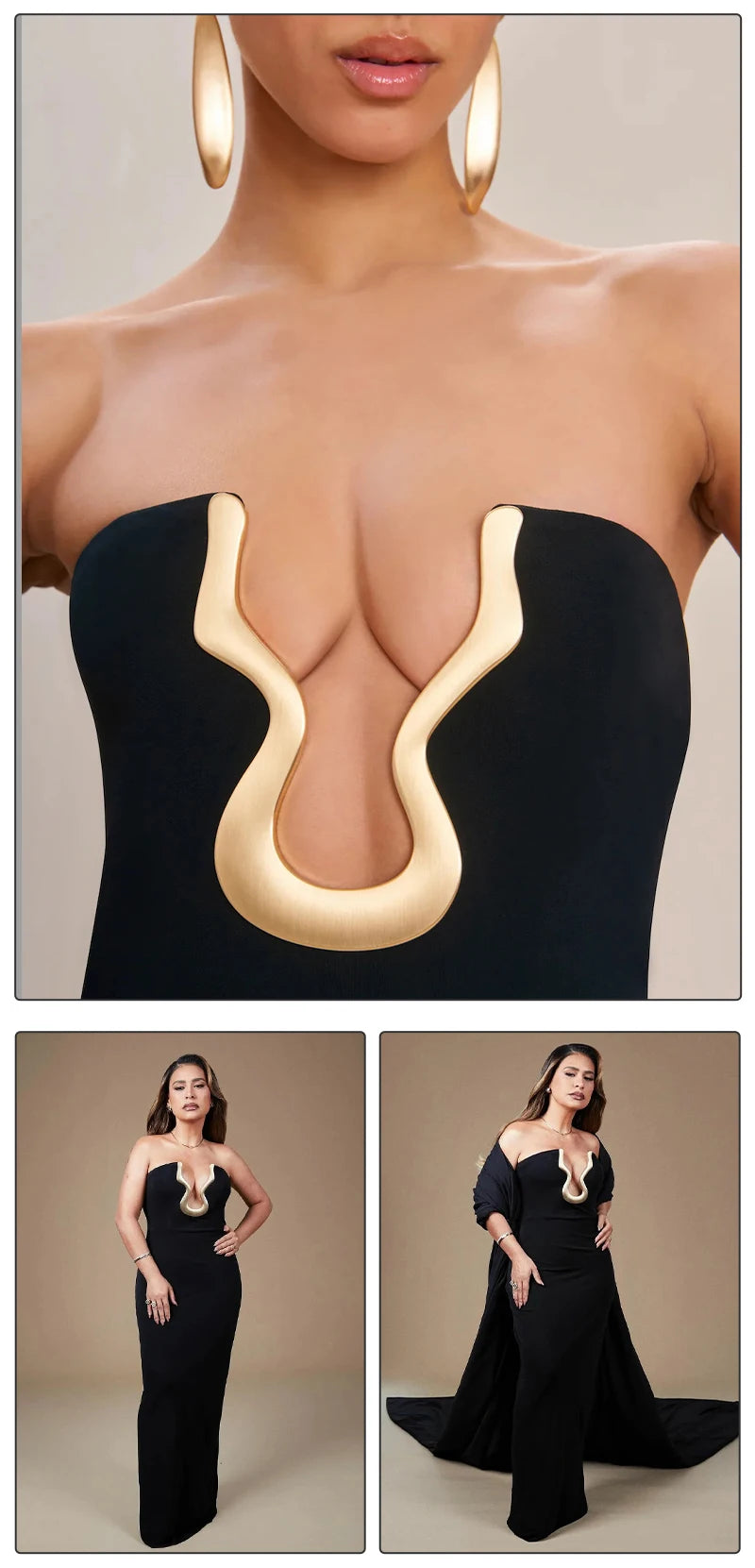 Elegant Strapless Black Long Bandage Dress