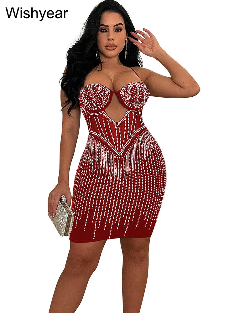 Elegant Evening Birthday Party Dresses for Women Halter Neck Mesh Patchwork Diamonds Rhinestones Prom Club Bodycon Midi Vestidos