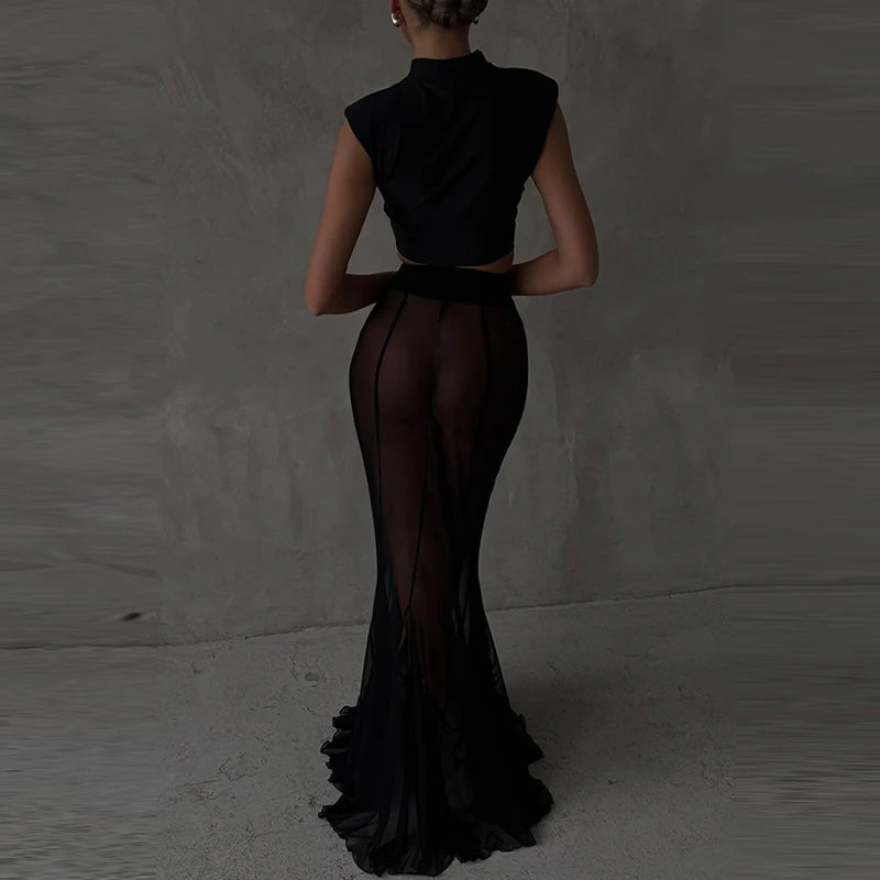 Ladies Fashion Solid Long Sleeve Blazer +Mermaid Skirts Suit 2025 Women Transparent Mesh Two Piece Set Elegant Banquet Outfits