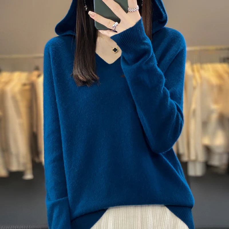 100% Merino Wool V-Neck Hoodie for Women