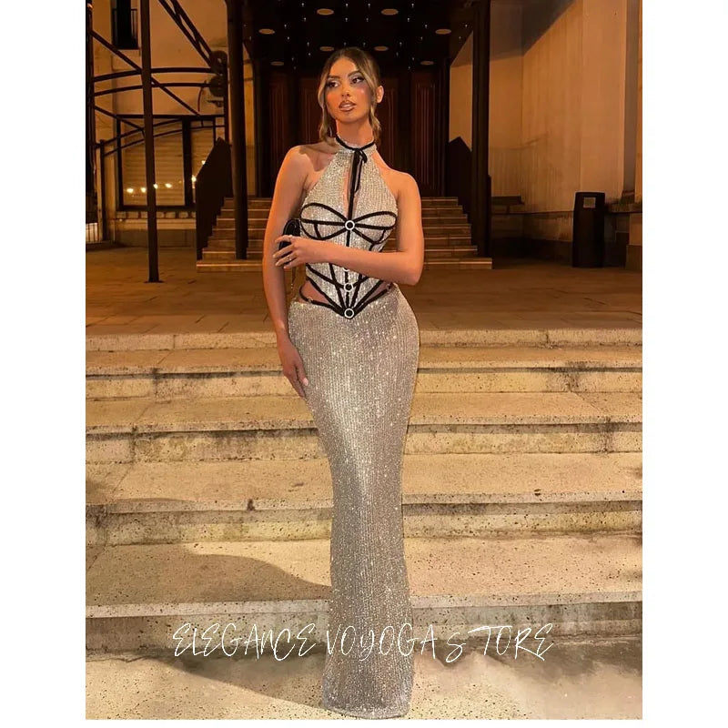 EVS Halter Sexy Beaded Sparkly Lace Mermaid Evening Dress