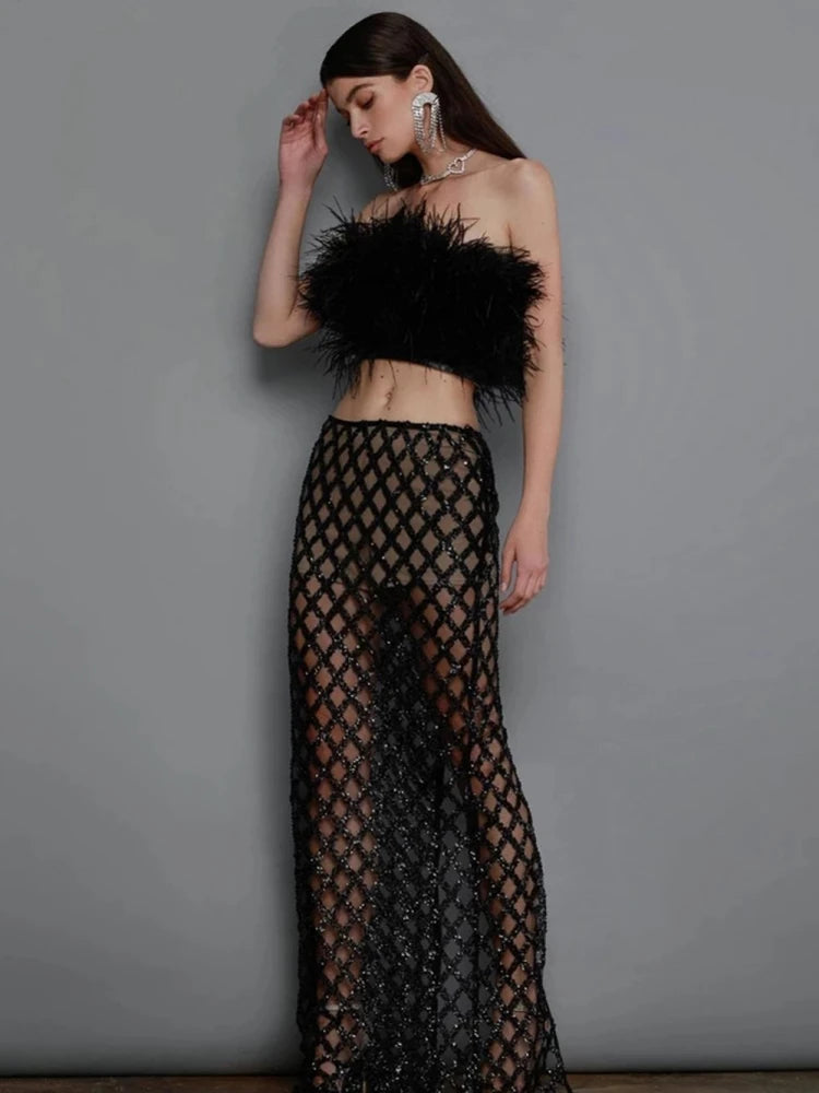 Sexy Luxury Sequins Feather Strapless Top+ Skirt Two Piece Set