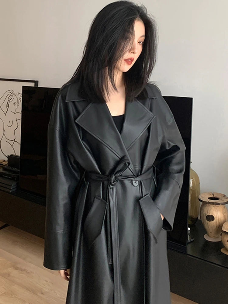 Lautaro-Long Black Leather Trench Coat for Women
