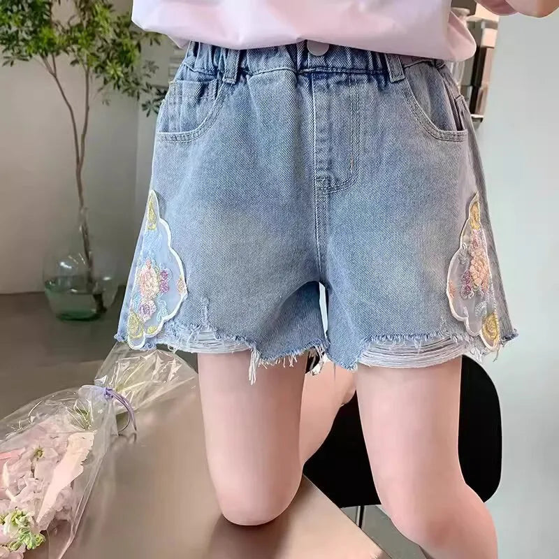Girls' Cartoon Embroidered Denim Shorts