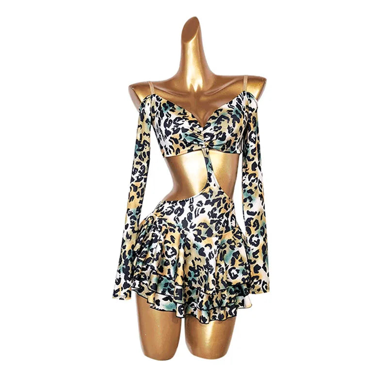 Sexy Leopard Latin Dance Dress For Women Off Shoulder Ruffle Dresses