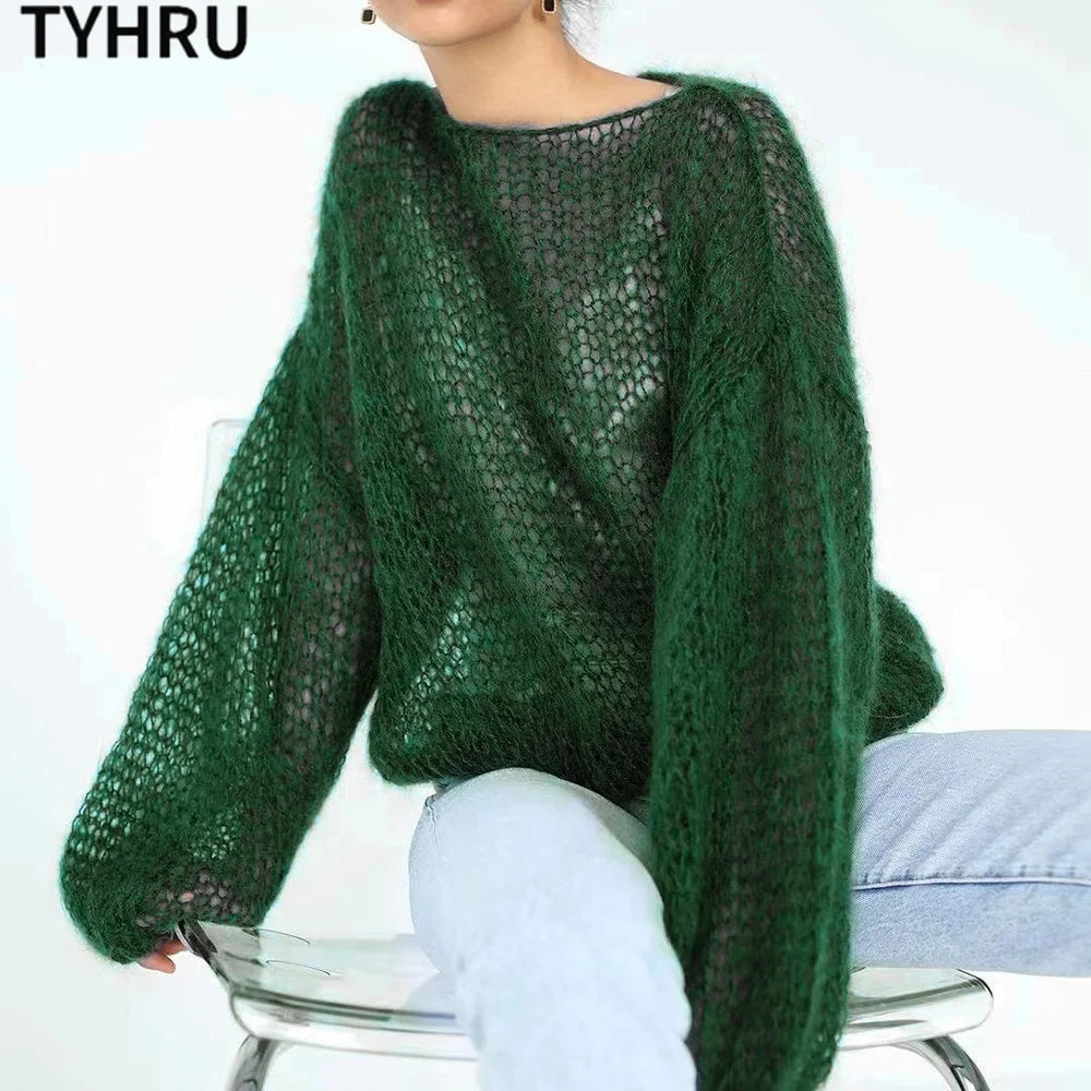 Women’s Hollow Out Mesh Lantern Sleeve Sweater